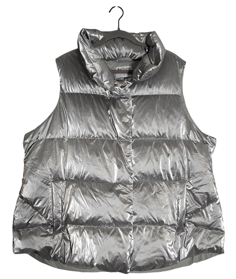 Athleta Down Puffer Vest Womens 3X Metallic Silver Quilted Plus Size Jacket